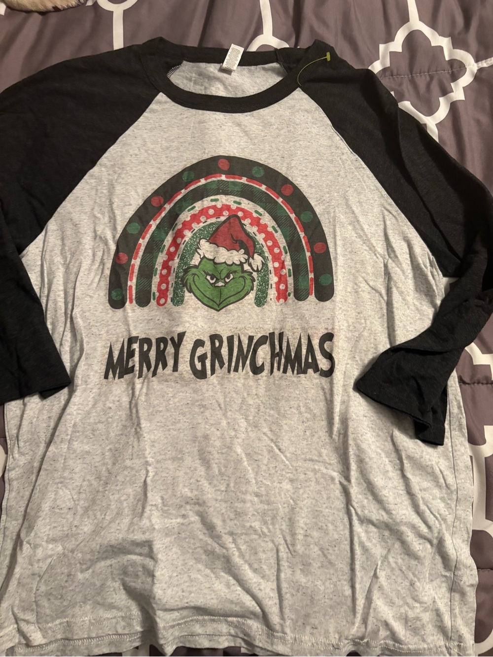 Bella Canvas Gray and Black Merry Grinchmas Raglan Tee 3/4 sleeve